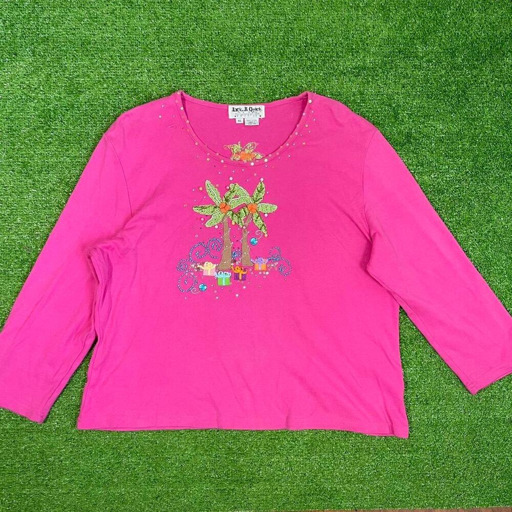 Vintage Jack B. Quick Women's XL Pink Embellished Long Sleeve Palm Tree Retro